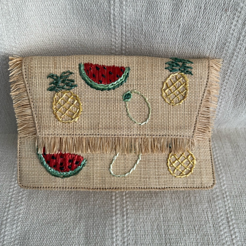 J. Crew Embroidered Fruit Raffia Crossbody Clutch